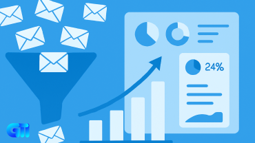 "Flat digital illustration of email marketing performance dashboard with funnel, envelope icons, engagement metrics, and upward sales graph on blue background"