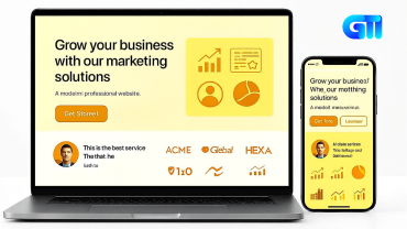 “Laptop and smartphone displaying a marketing website with bold headline, orange call-to-action buttons, and flat orange icons for analytics, user profile, and data visualization, illustrating responsive design and business growth.”