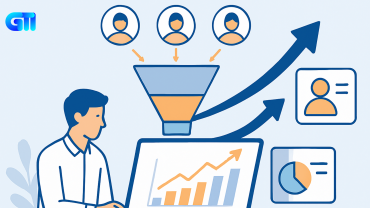 Flat digital illustration of a professional workspace showing a laptop with analytics charts, upward growth arrows, lead funnel diagram, and customer profile icons in blue, white, and light orange—representing business growth and lead generation.