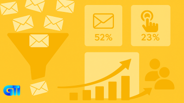 "Flat digital illustration of email marketing funnel with open rate and click-through metrics, sales growth chart, and user icons on yellow background"
