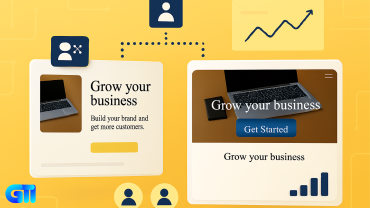 “A/B testing flowchart with Version A and Version B landing page mockups, traffic split lines, conversion icons, bar and line graphs, and animated user icons on a bright tech-style yellow background.”