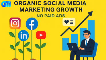 "Flat digital illustration of organic social media marketing growth with Instagram, Facebook, LinkedIn, and YouTube icons growing like plants, business professional analyzing engagement on laptop, rising charts, bright yellow background, no paid ads, clean professional style for SEO blog header."
