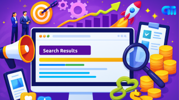 SEO search results illustration showing traffic growth, keyword rankings, analytics, and digital marketing success.
