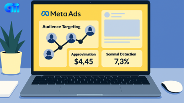 "Flat digital illustration of Meta Ads dashboard on laptop screen showing audience targeting network with user icons, ad layout mockup, and performance metrics including $4.45 approximation and 7.3% detection rate, set on desk with plant, mouse, and notepad against orange background"
