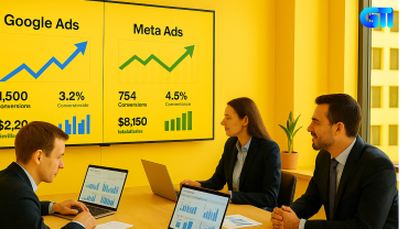 “Digital marketing team analyzing Google Ads and Meta Ads dashboards in a bright yellow office, with rising graphs and conversion metrics on laptops and large screens—visualizing paid advertising growth strategies.”